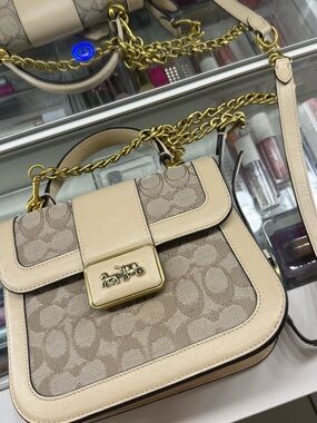 Coach Signature Canvas and Leather Crossbody in Beige with Gold Hardware